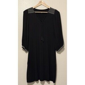 Garnet Hill Lyric Knit Dress Medium Black Embroidered Tassel Boho Casual Travel